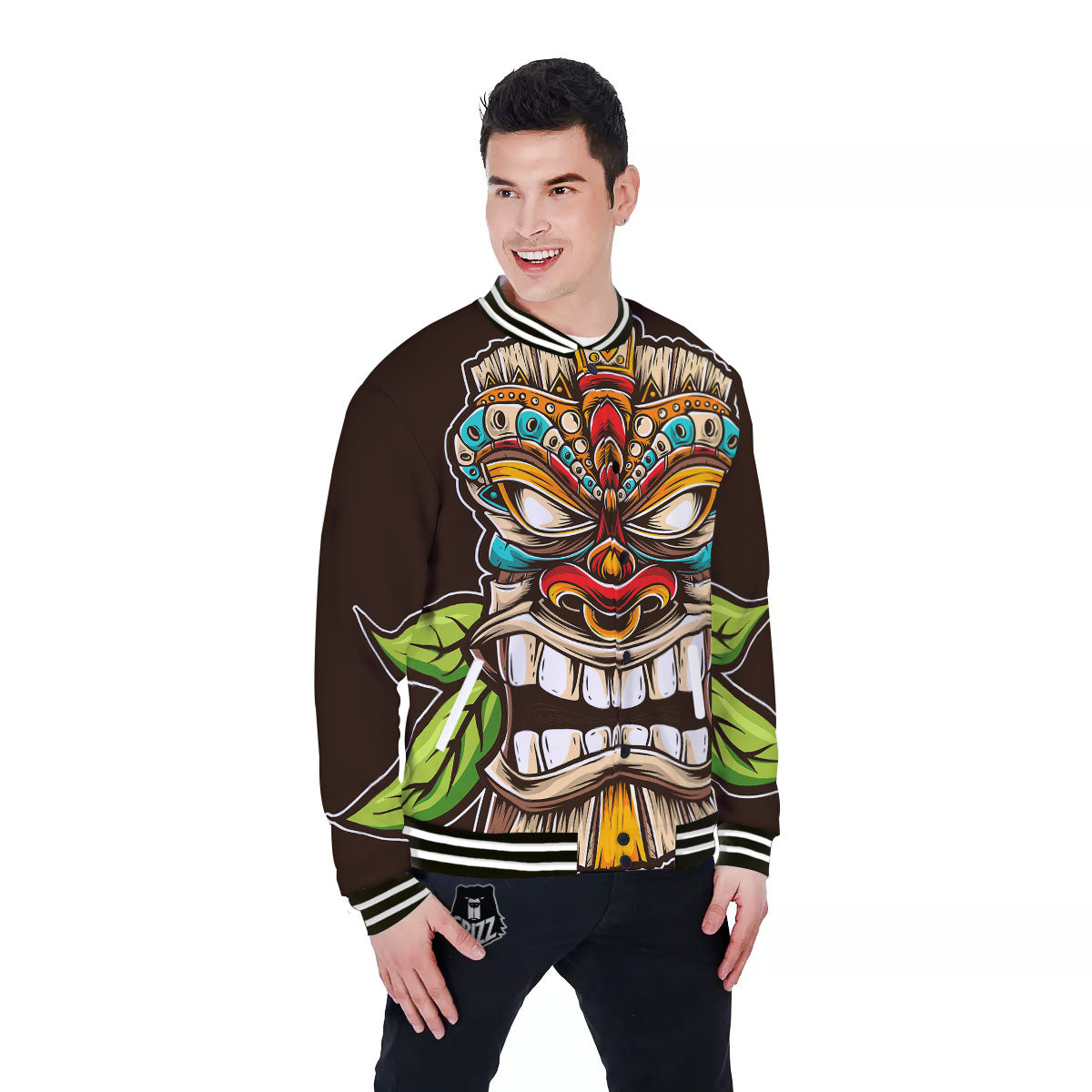 Tiki Hawaiian Print Baseball Jacket-grizzshop