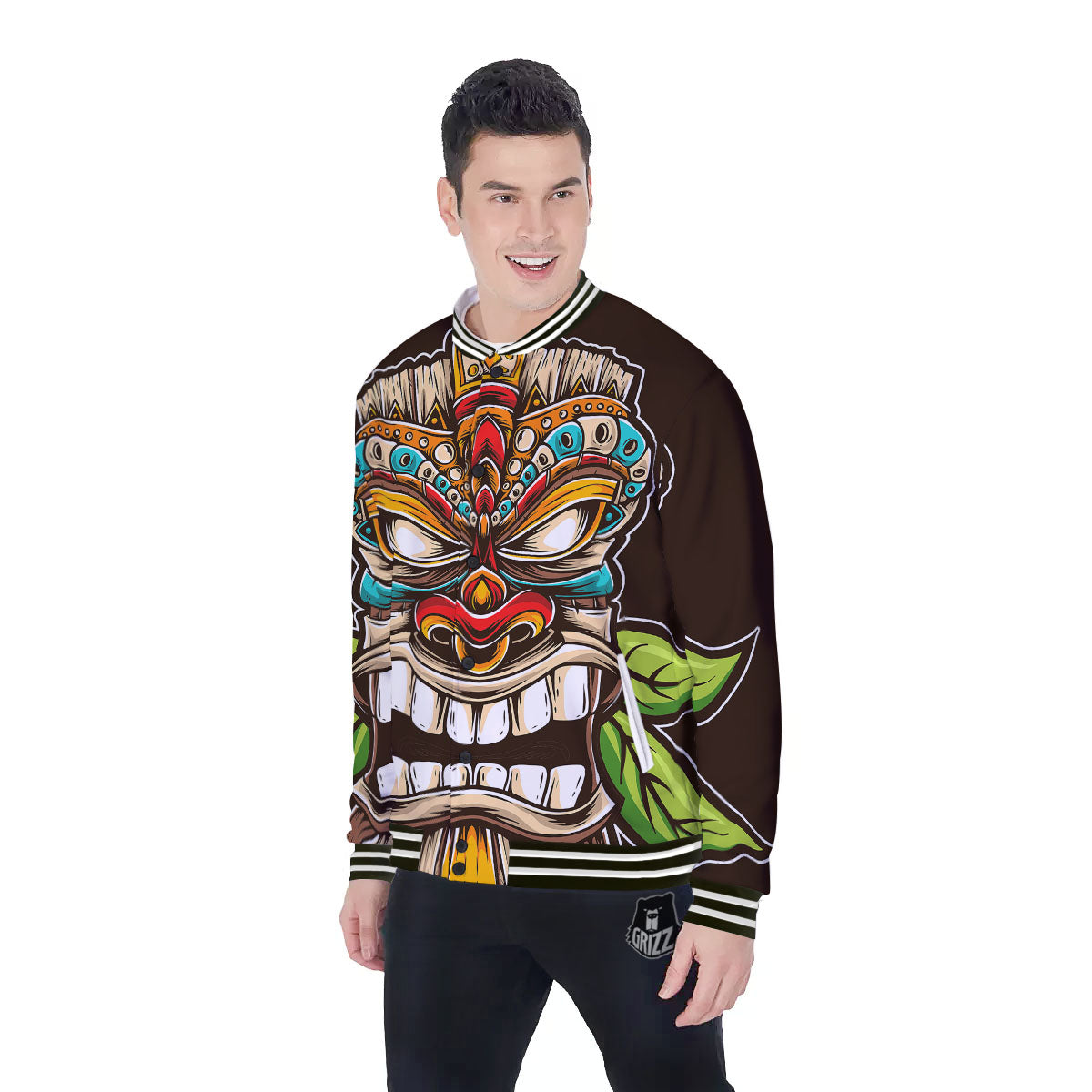 Tiki Hawaiian Print Baseball Jacket-grizzshop