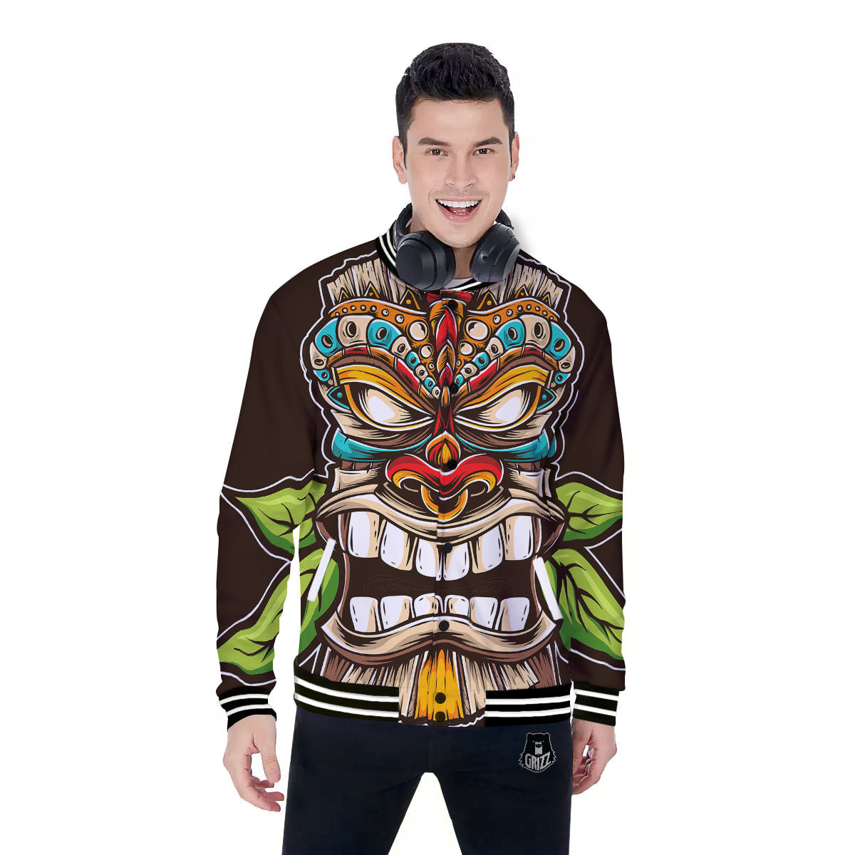 Tiki Hawaiian Print Baseball Jacket-grizzshop