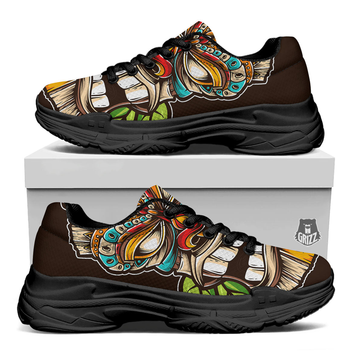 Tiki Hawaiian Print Black Chunky Shoes-grizzshop