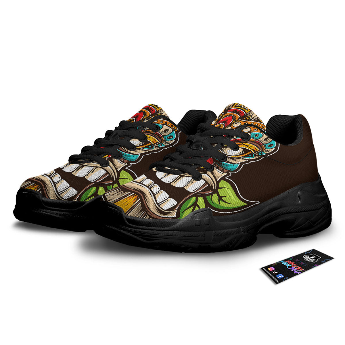 Tiki Hawaiian Print Black Chunky Shoes-grizzshop