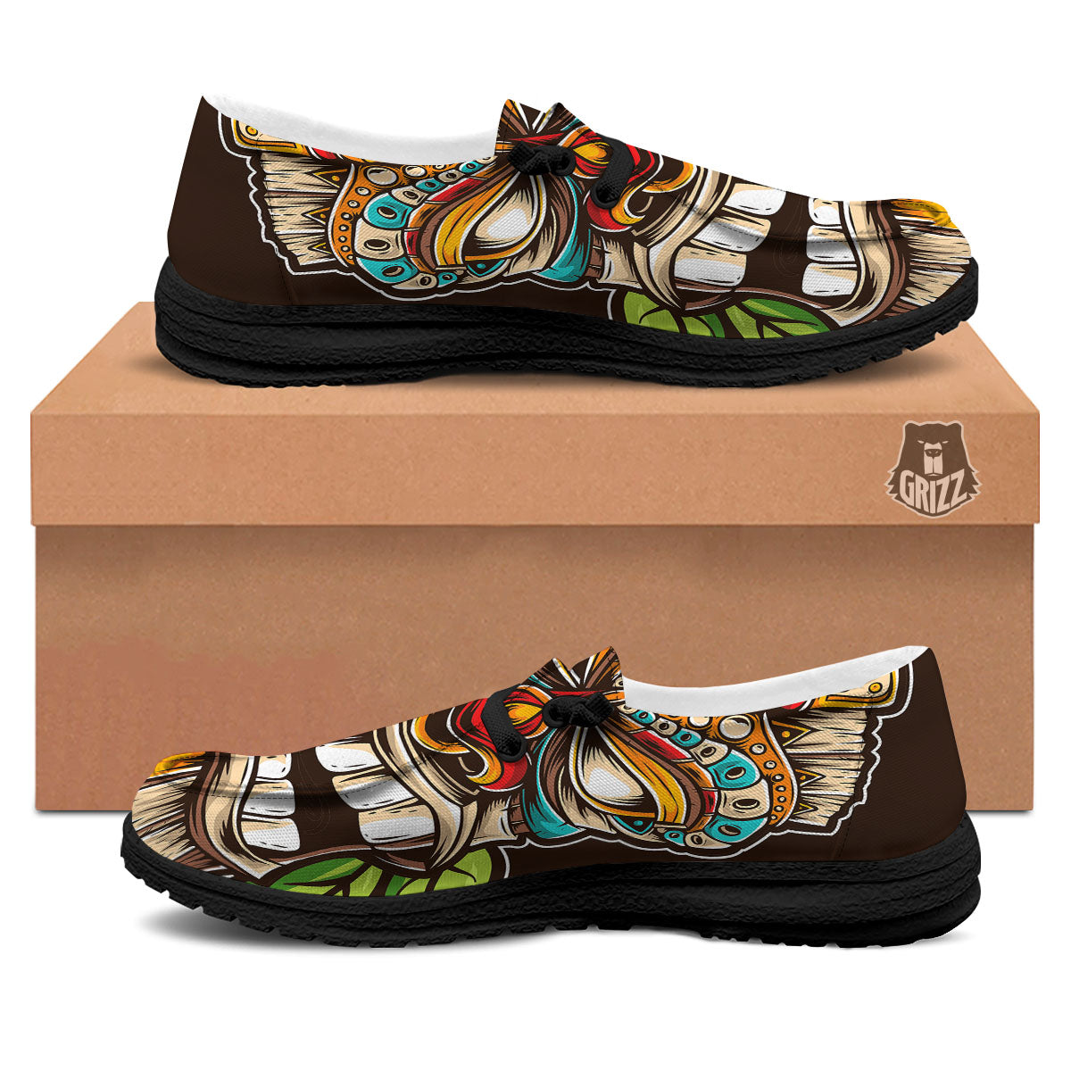 Tiki Hawaiian Print Black Loafers-grizzshop