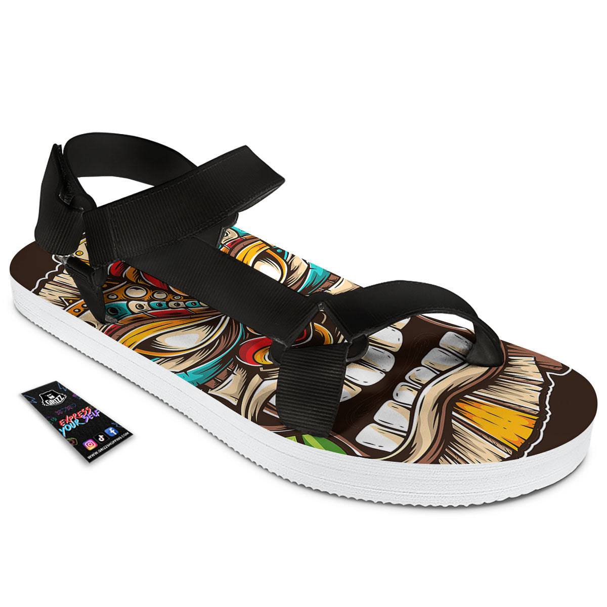 Tiki Hawaiian Print Black Open Toe Sandals-grizzshop