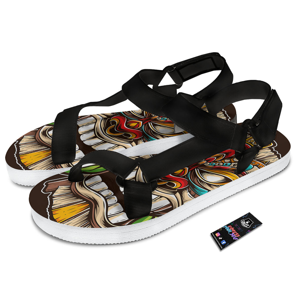 Tiki Hawaiian Print Black Open Toe Sandals-grizzshop