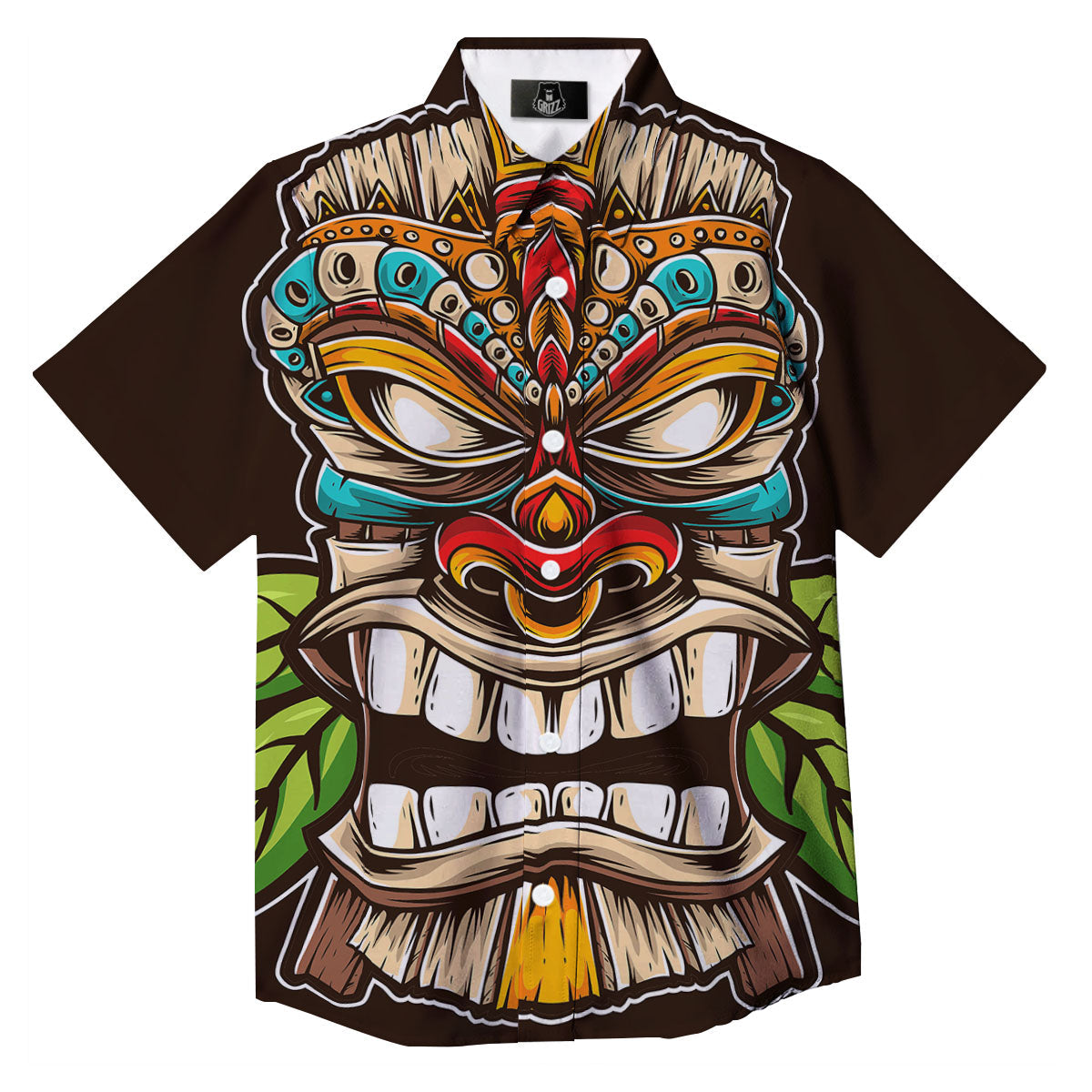 Tiki Hawaiian Print Button Up Shirt-grizzshop