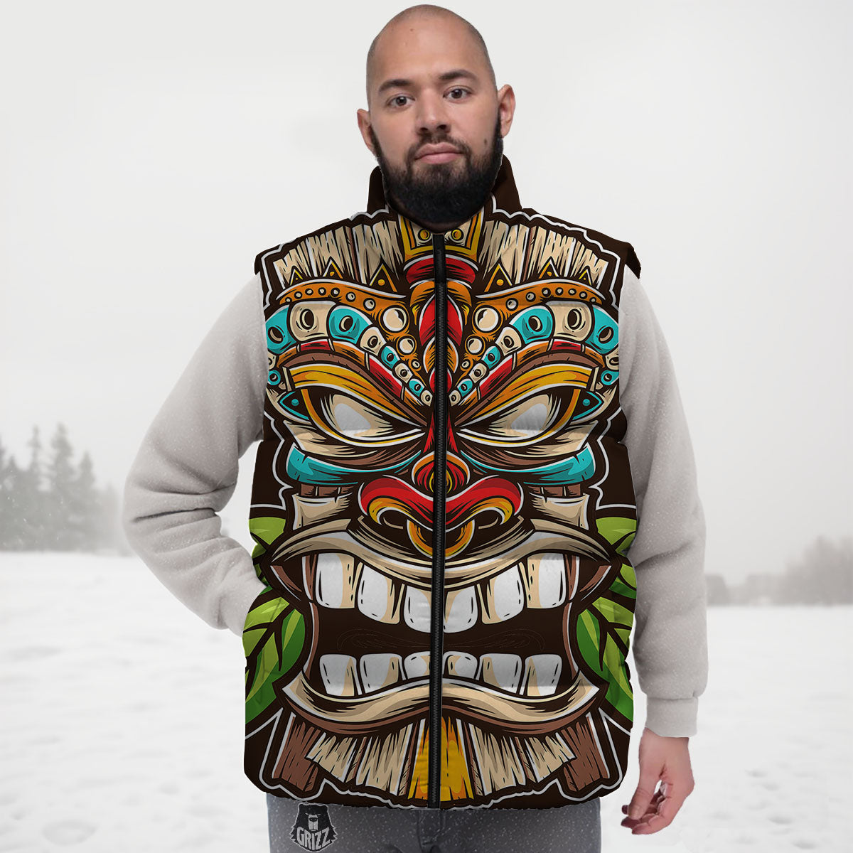 Tiki Hawaiian Print Down Vest