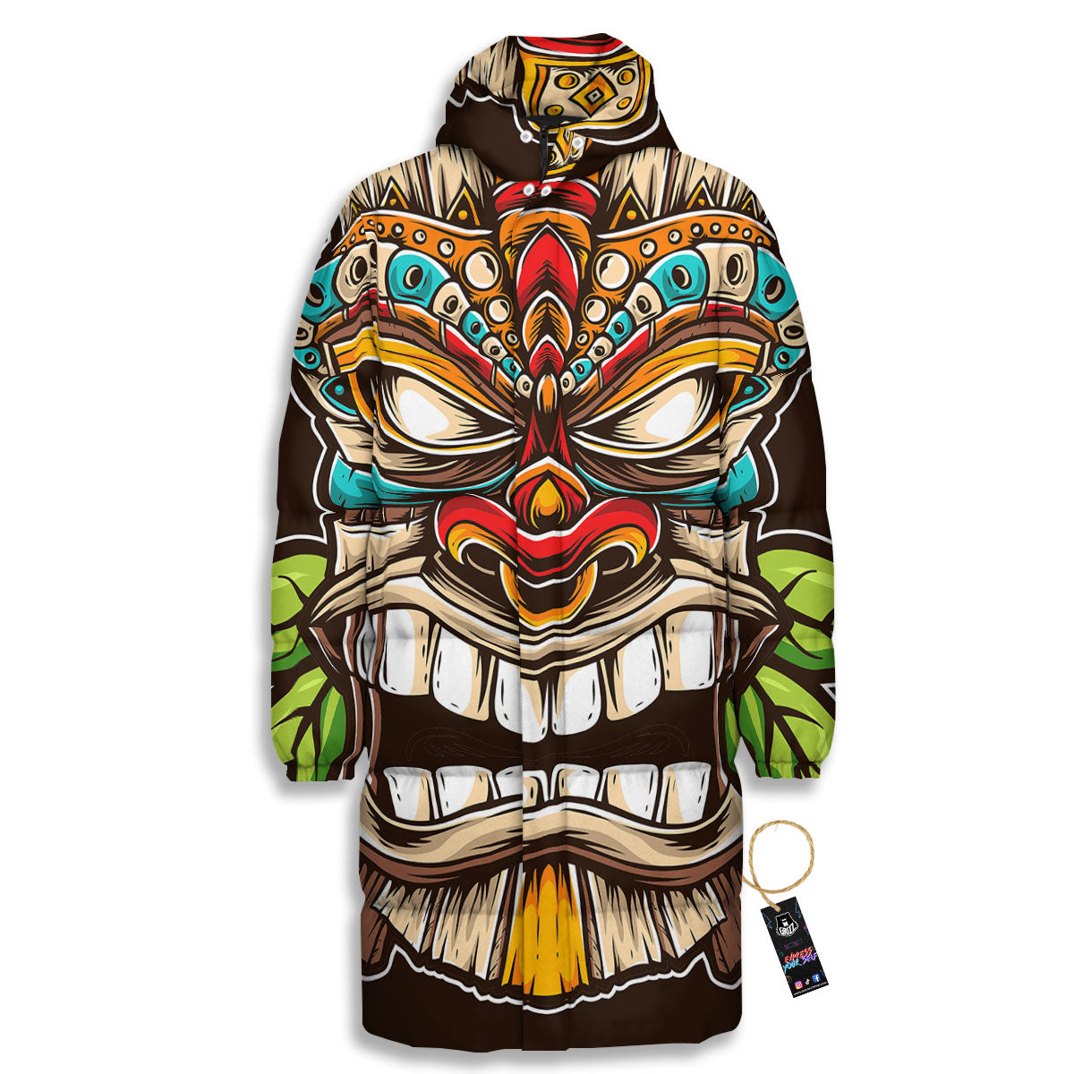 Tiki Hawaiian Print Long Down Jacket-grizzshop