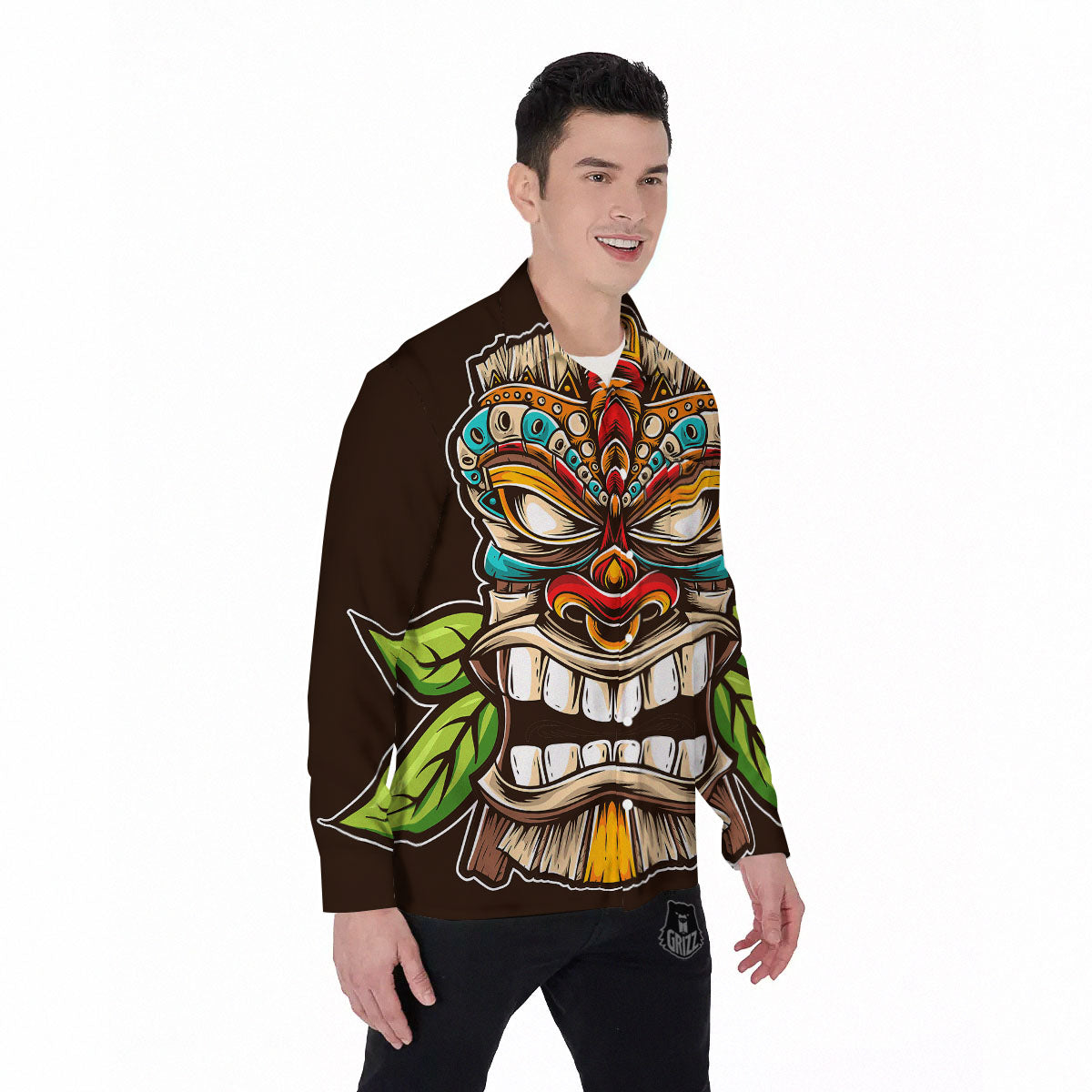 Tiki Hawaiian Print Men's Long Sleeve Shirts-grizzshop