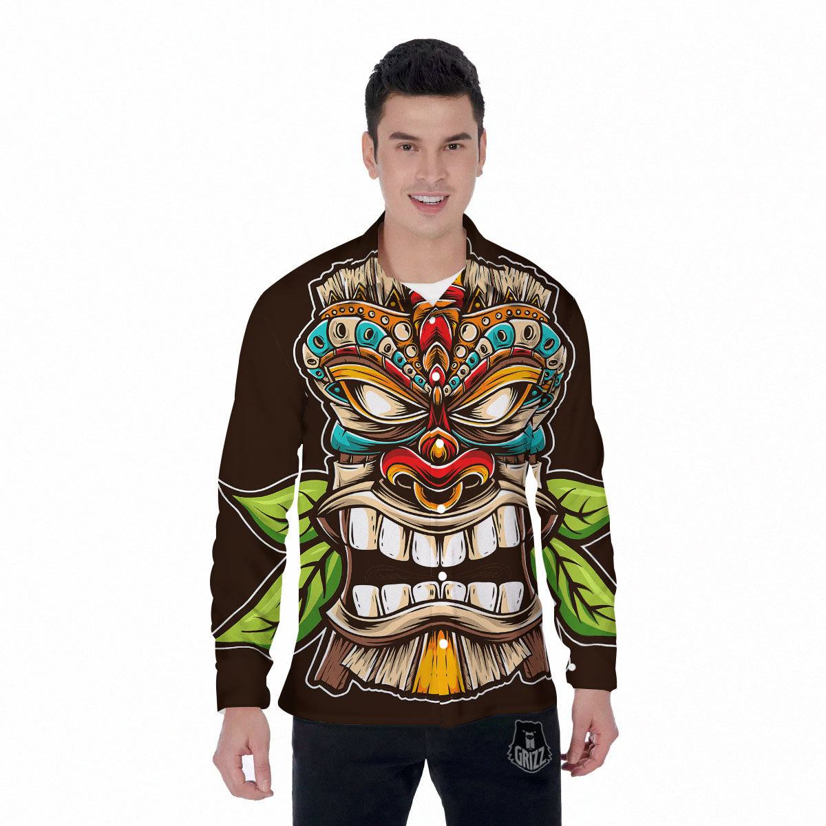 Tiki Hawaiian Print Men's Long Sleeve Shirts-grizzshop