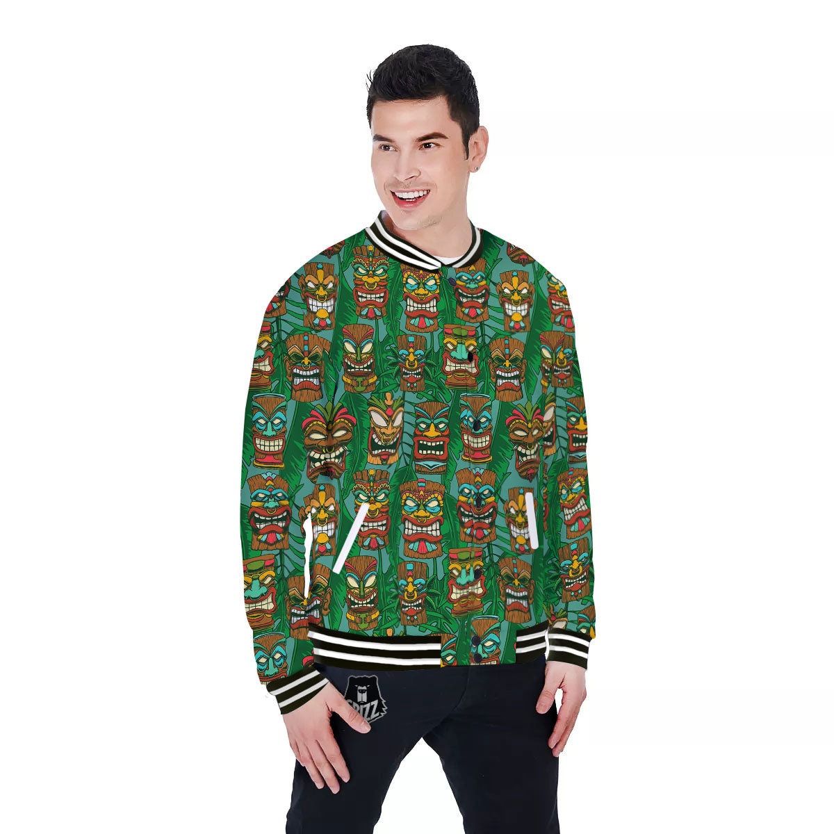 Tiki Hawaiian Print Pattern Baseball Jacket-grizzshop