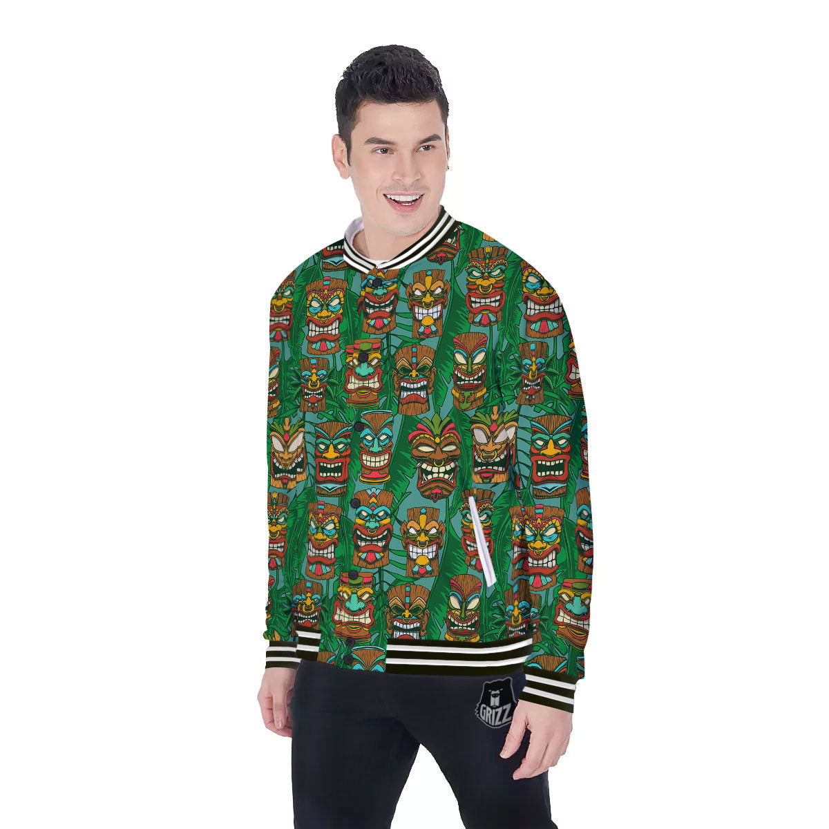 Tiki Hawaiian Print Pattern Baseball Jacket-grizzshop