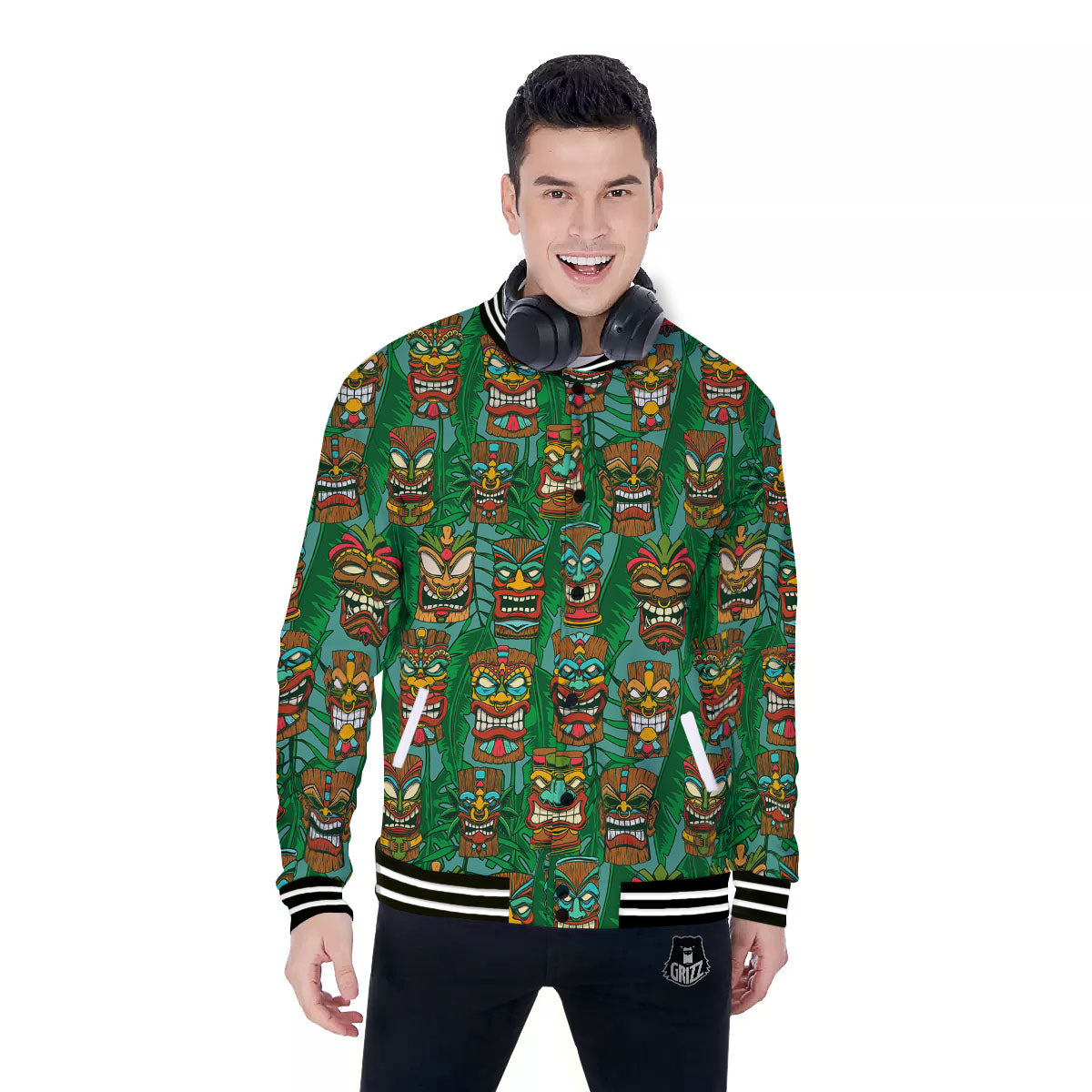 Tiki Hawaiian Print Pattern Baseball Jacket-grizzshop