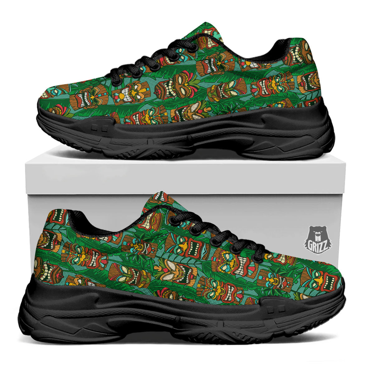 Tiki Hawaiian Print Pattern Black Chunky Shoes-grizzshop