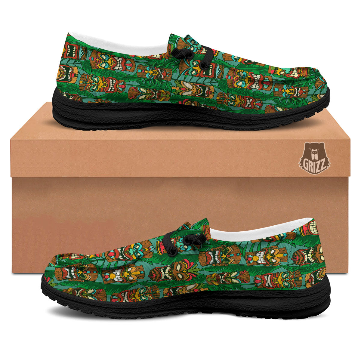 Tiki Hawaiian Print Pattern Black Loafers-grizzshop