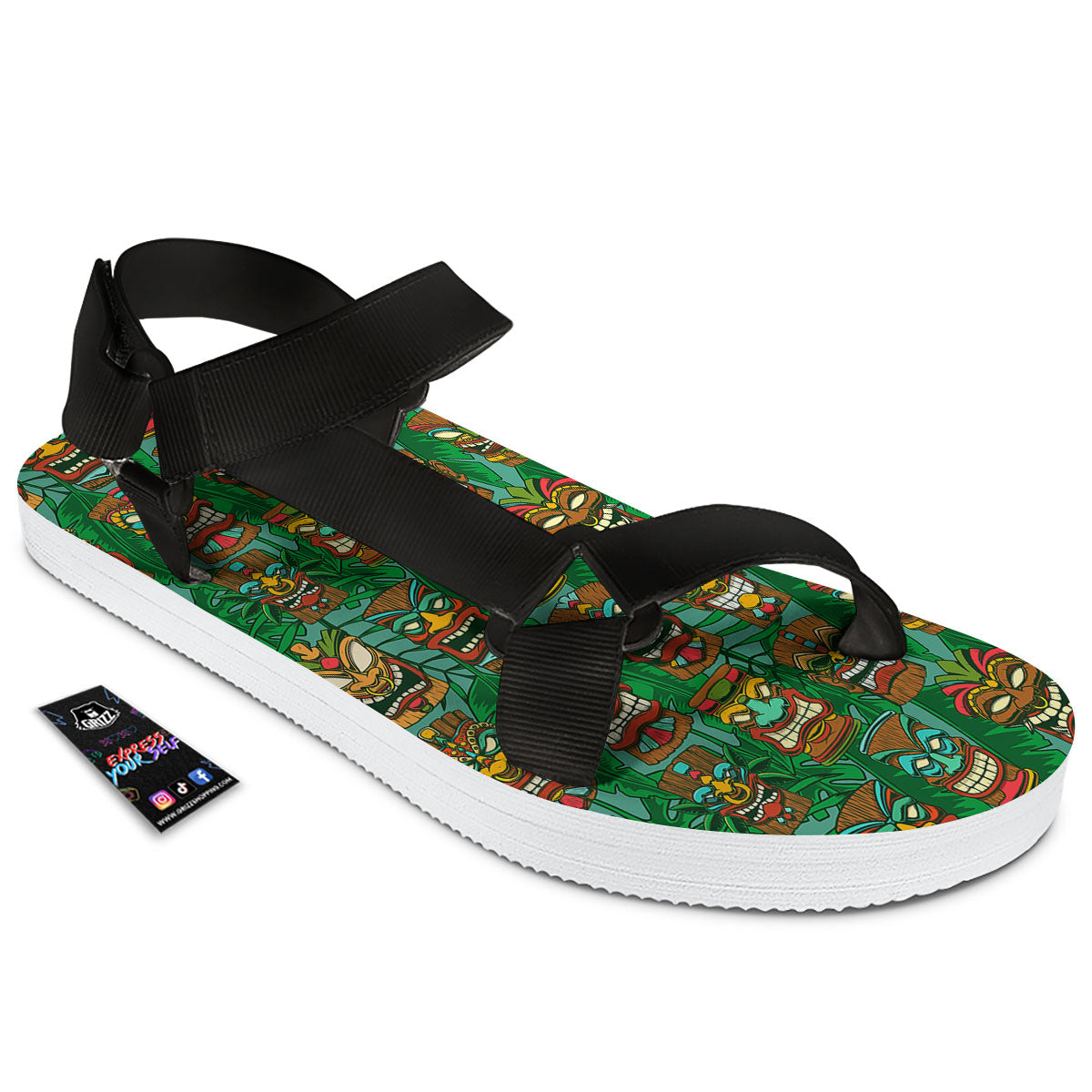 Tiki Hawaiian Print Pattern Black Open Toe Sandals-grizzshop