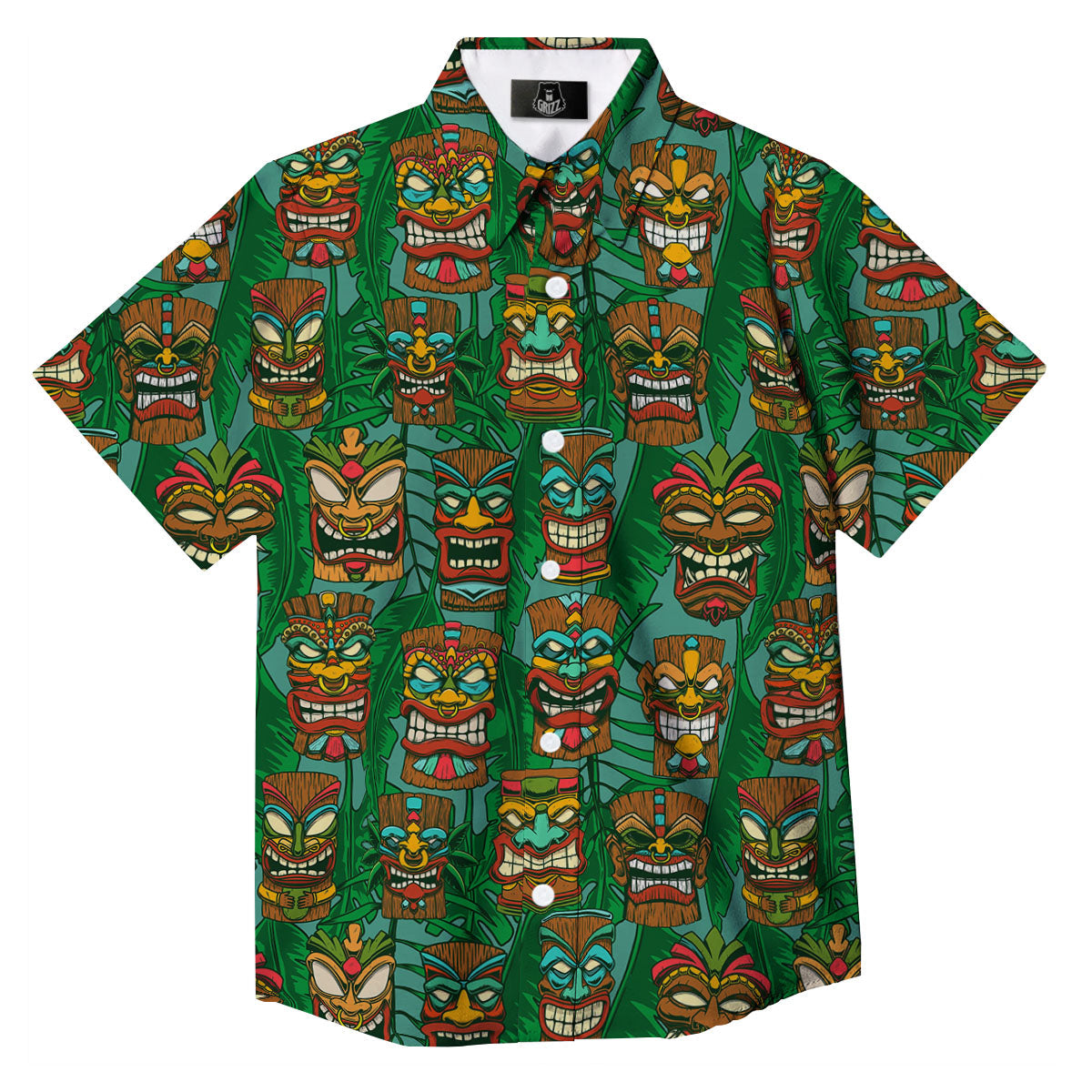 Tiki Hawaiian Print Pattern Button Up Shirt-grizzshop