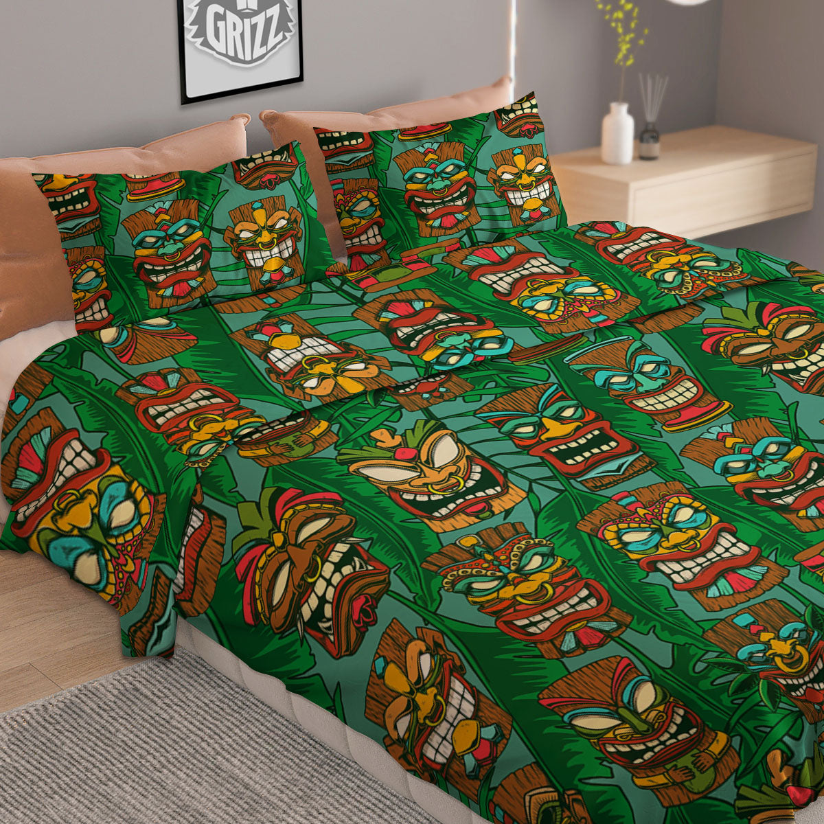 Tiki Hawaiian Print Pattern Duvet Cover Bedding Set