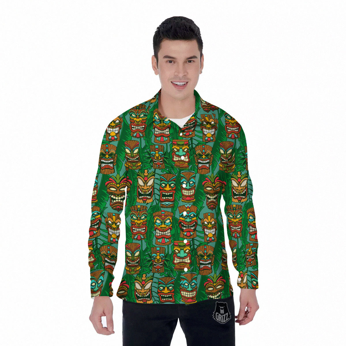 Tiki Hawaiian Print Pattern Men's Long Sleeve Shirts-grizzshop