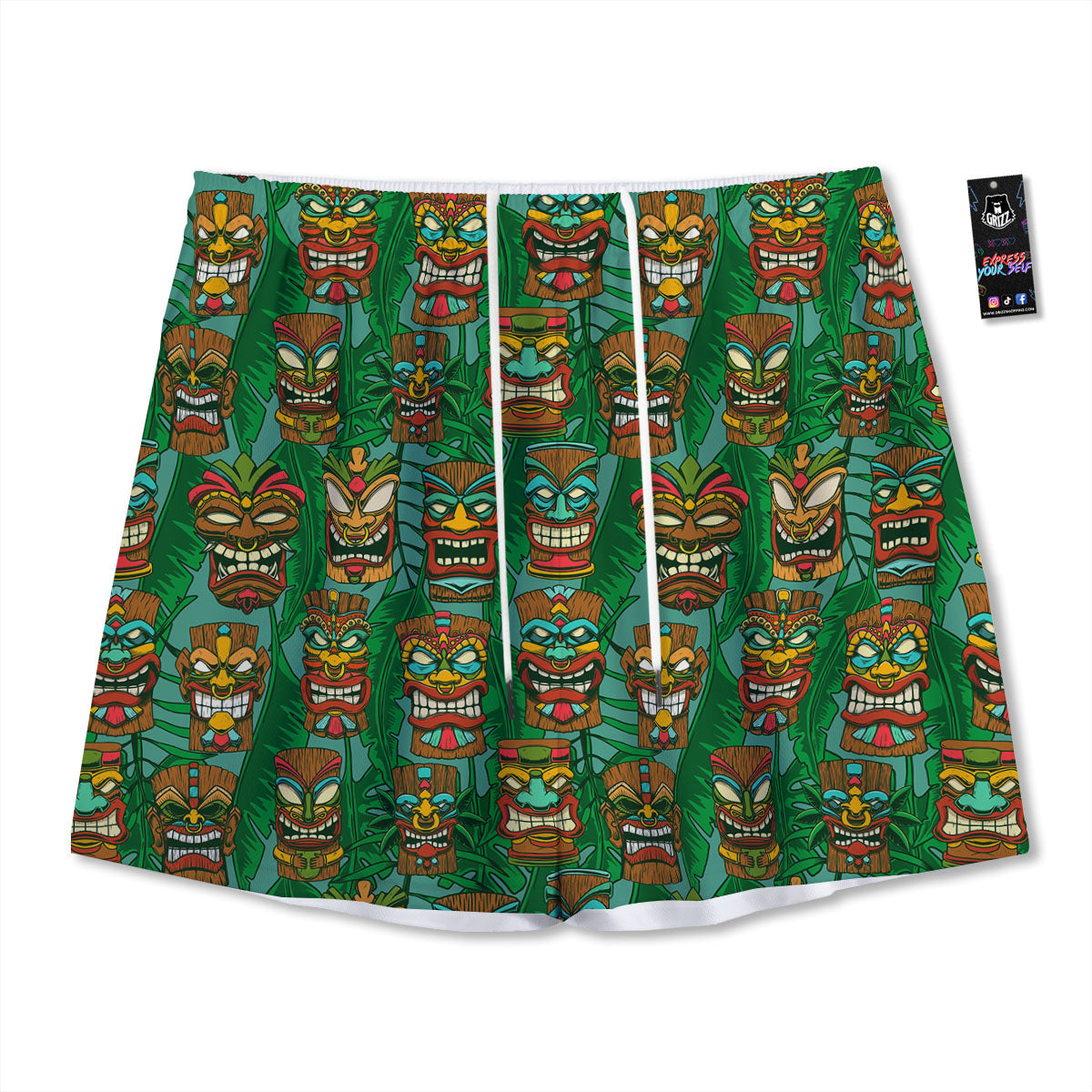 Tiki Hawaiian Print Pattern Mesh Shorts