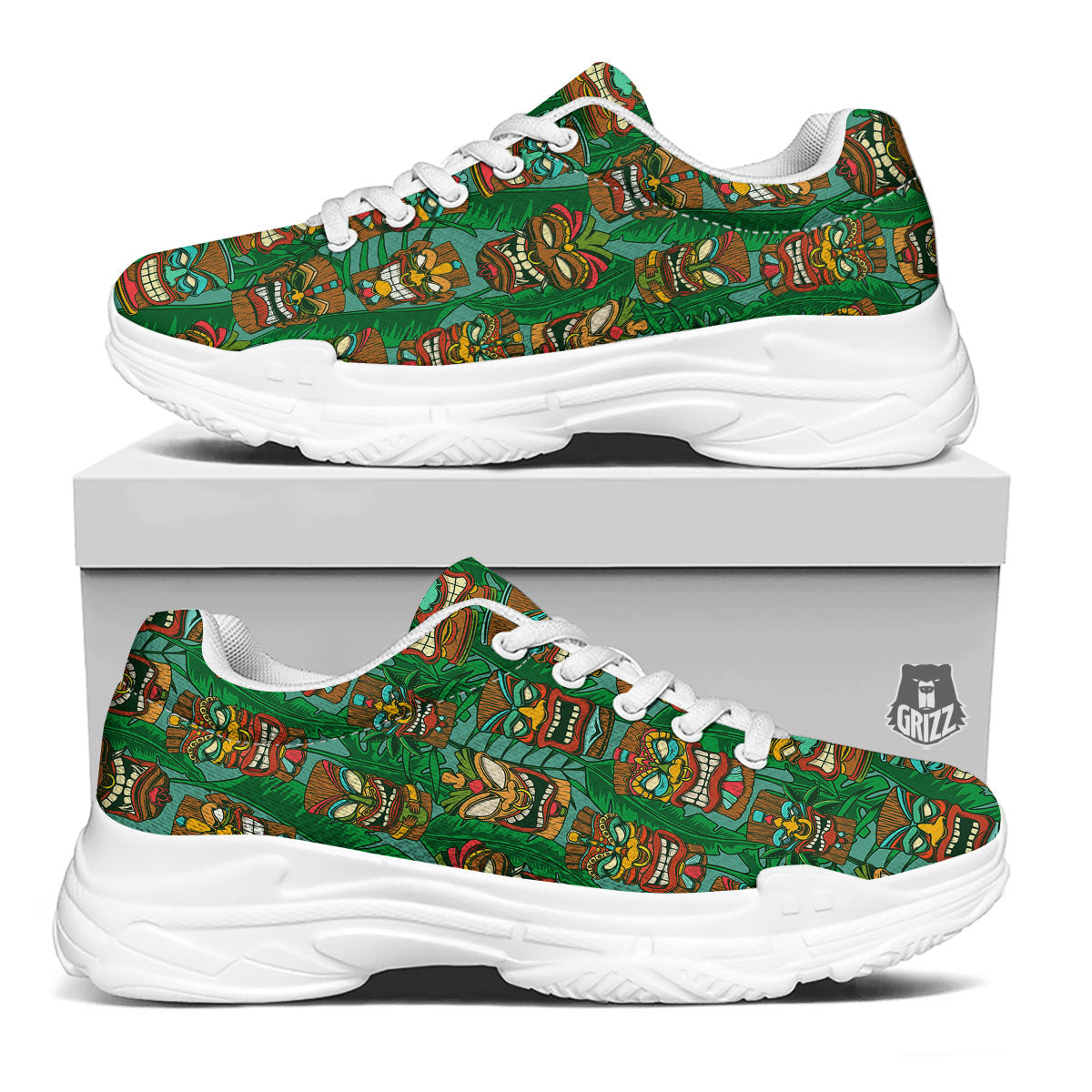 Tiki Hawaiian Print Pattern White Chunky Shoes-grizzshop