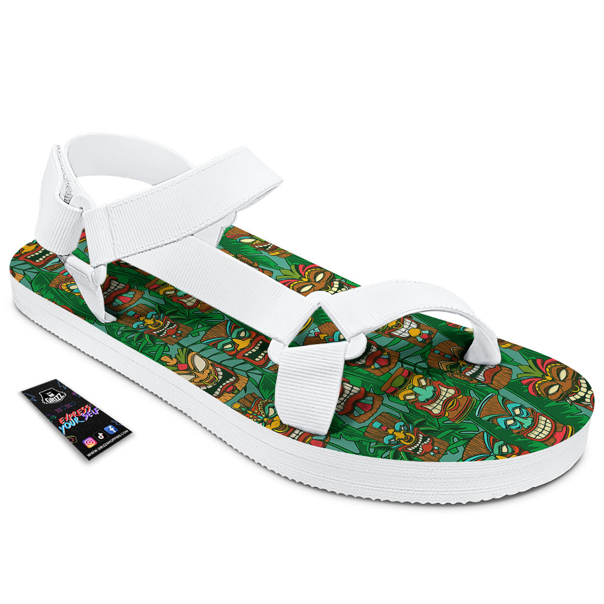 Tiki Hawaiian Print Pattern White Open Toe Sandals-grizzshop
