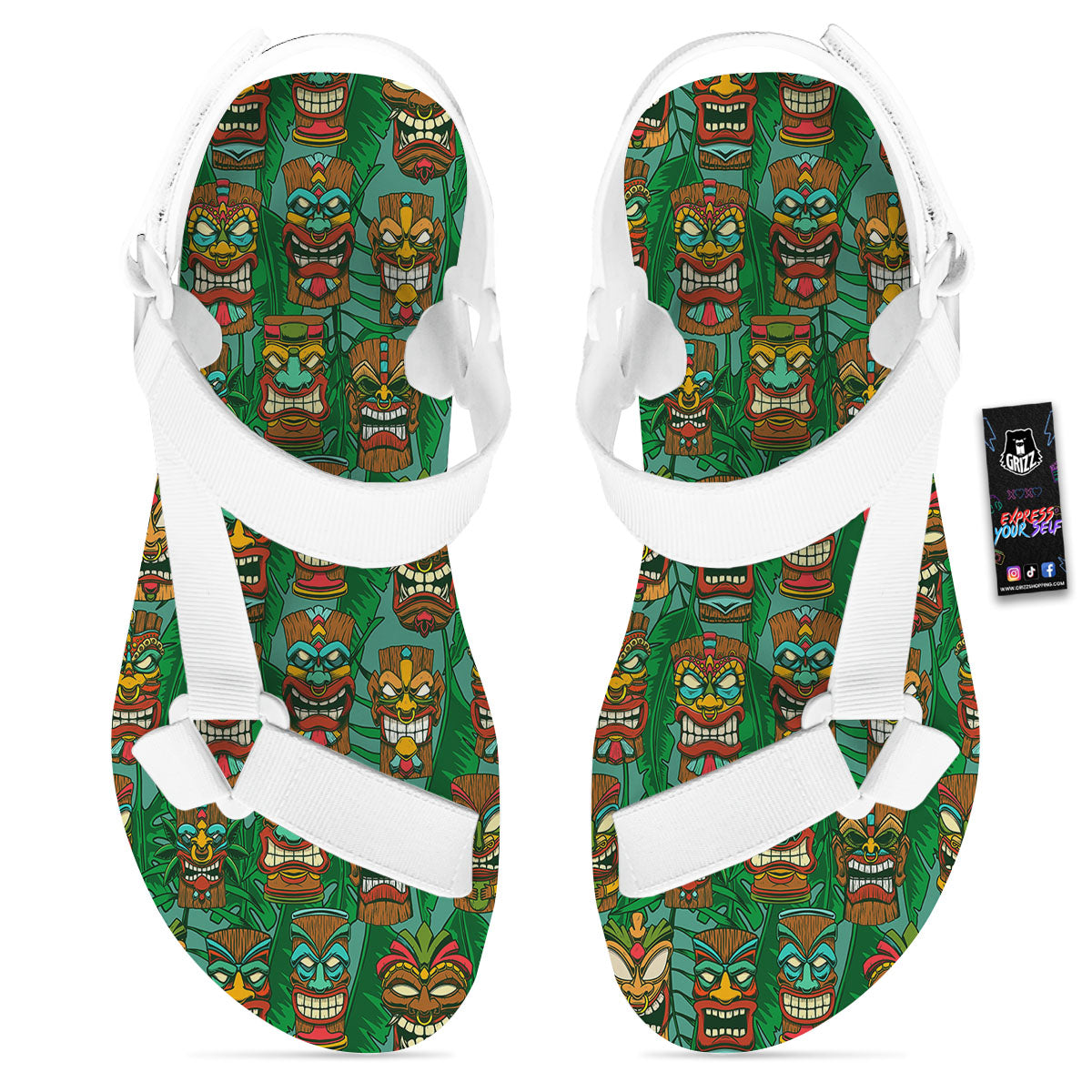 Tiki Hawaiian Print Pattern White Open Toe Sandals-grizzshop