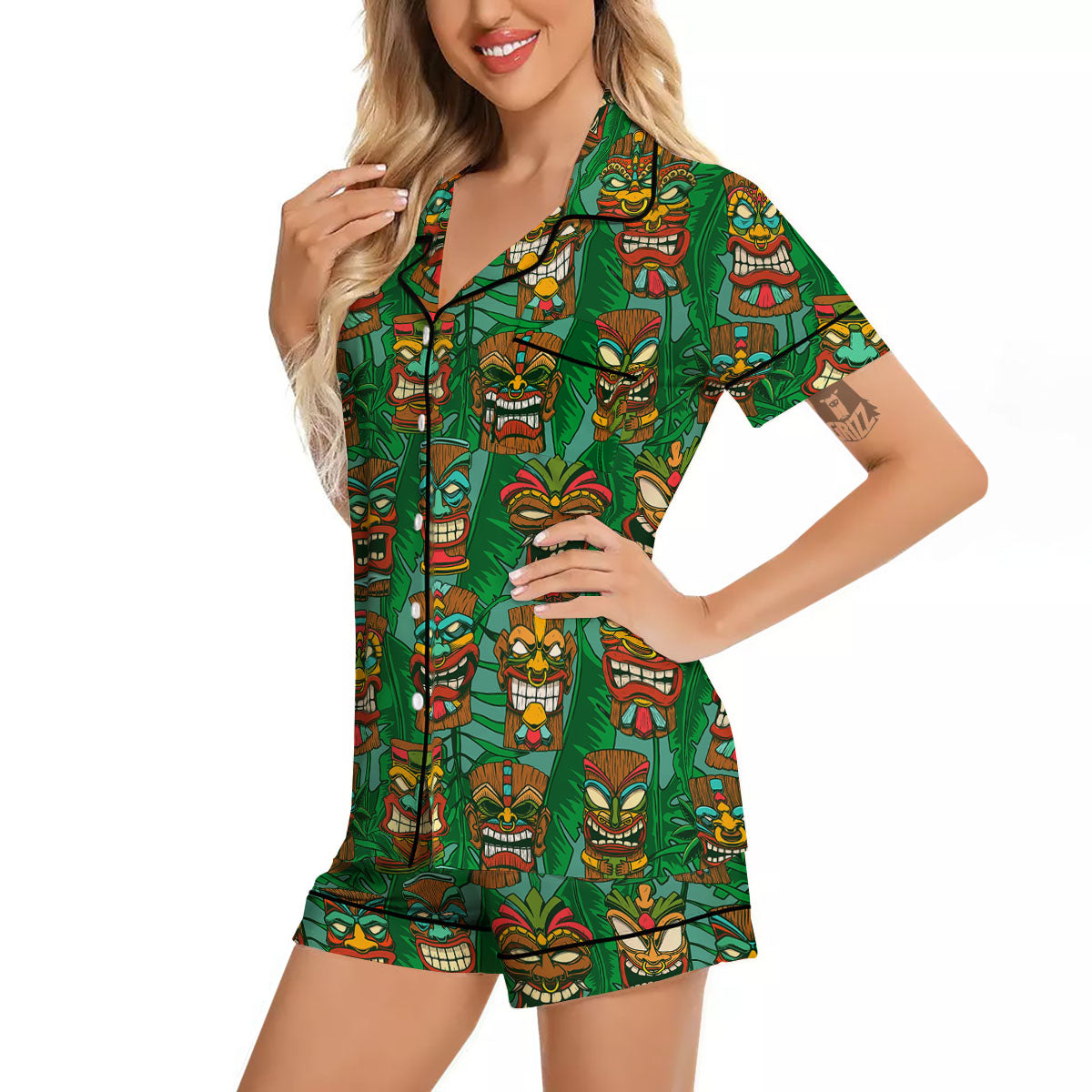 Tiki Hawaiian Print Pattern Women Silk Pajamas-grizzshop