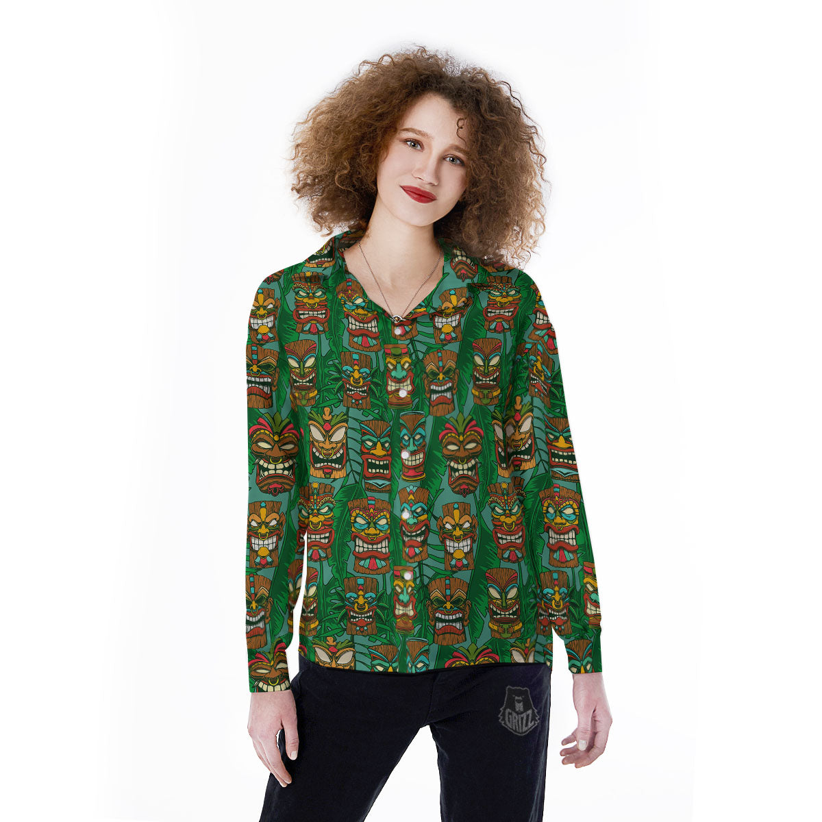 Tiki Hawaiian Print Pattern Women's Long Sleeve Shirts-grizzshop
