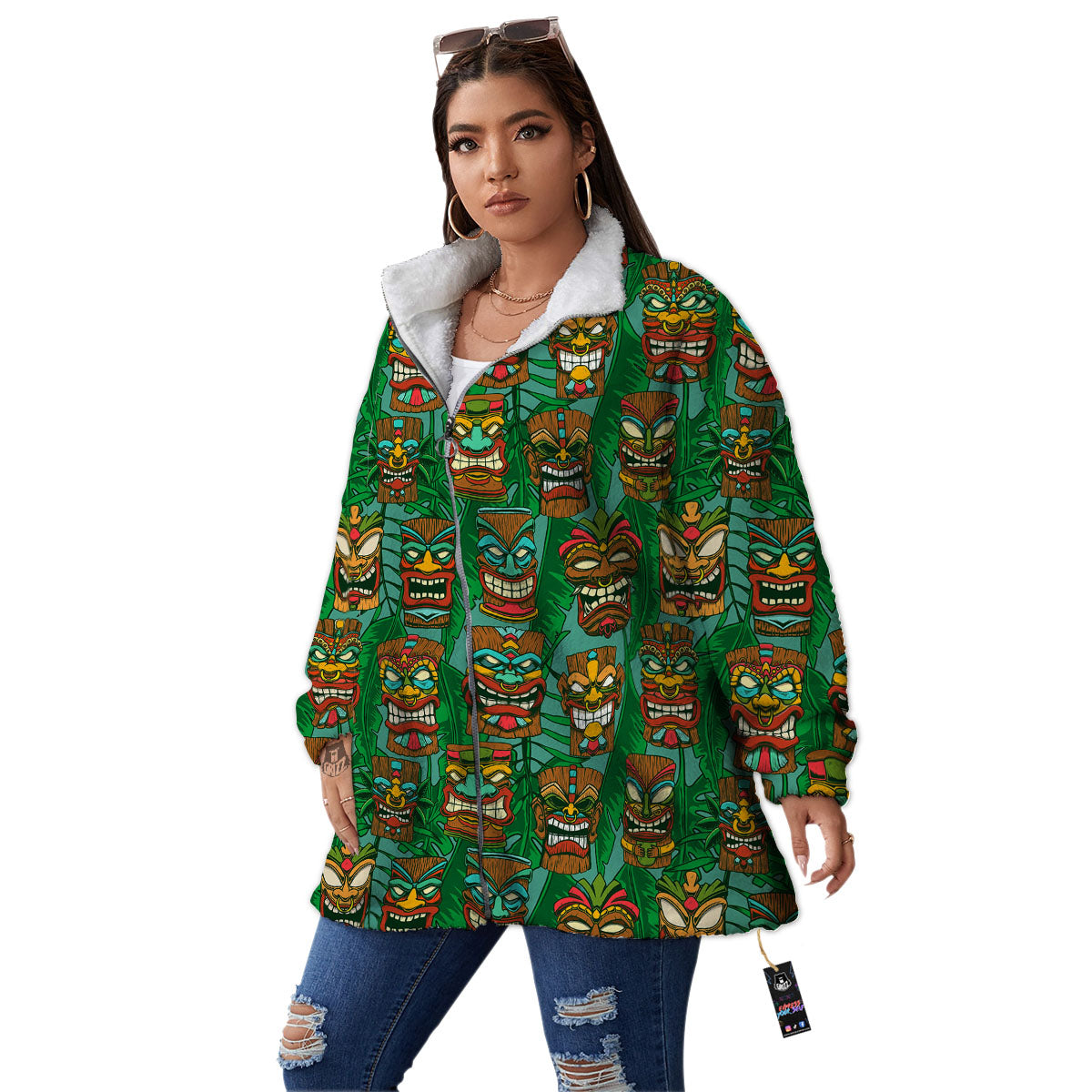 Tiki Hawaiian Print Pattern Women's Sherpa Jacket-grizzshop