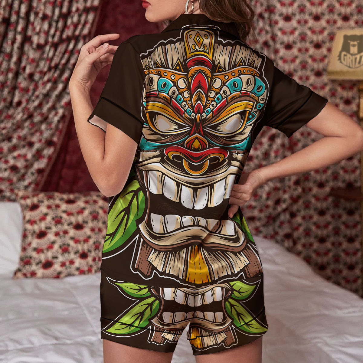 Tiki Hawaiian Print Women Silk Pajamas-grizzshop