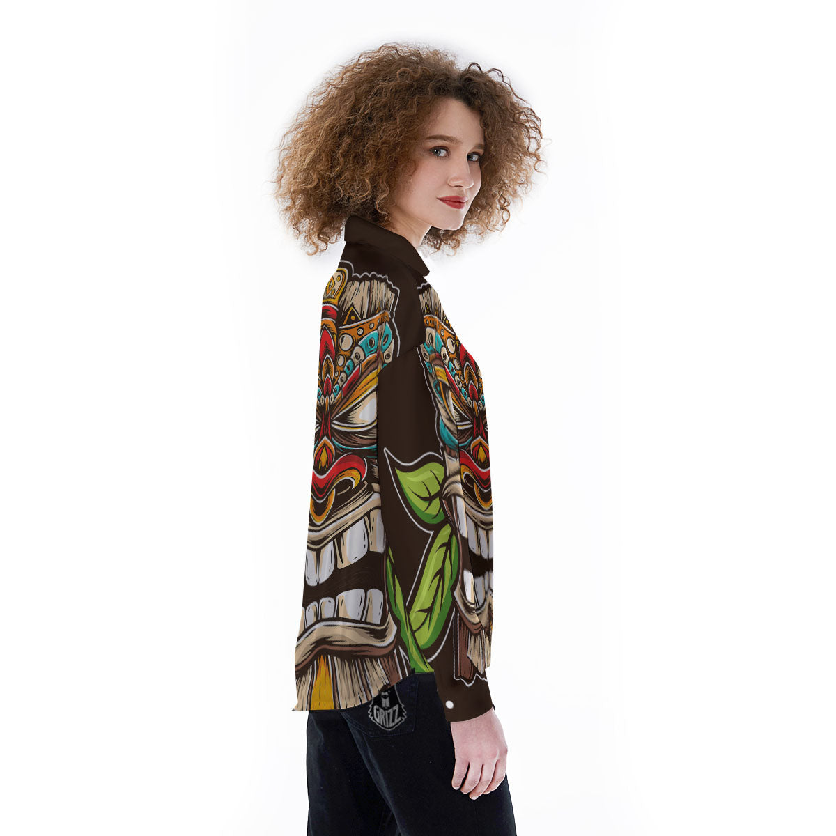 Tiki Hawaiian Print Women's Long Sleeve Shirts-grizzshop