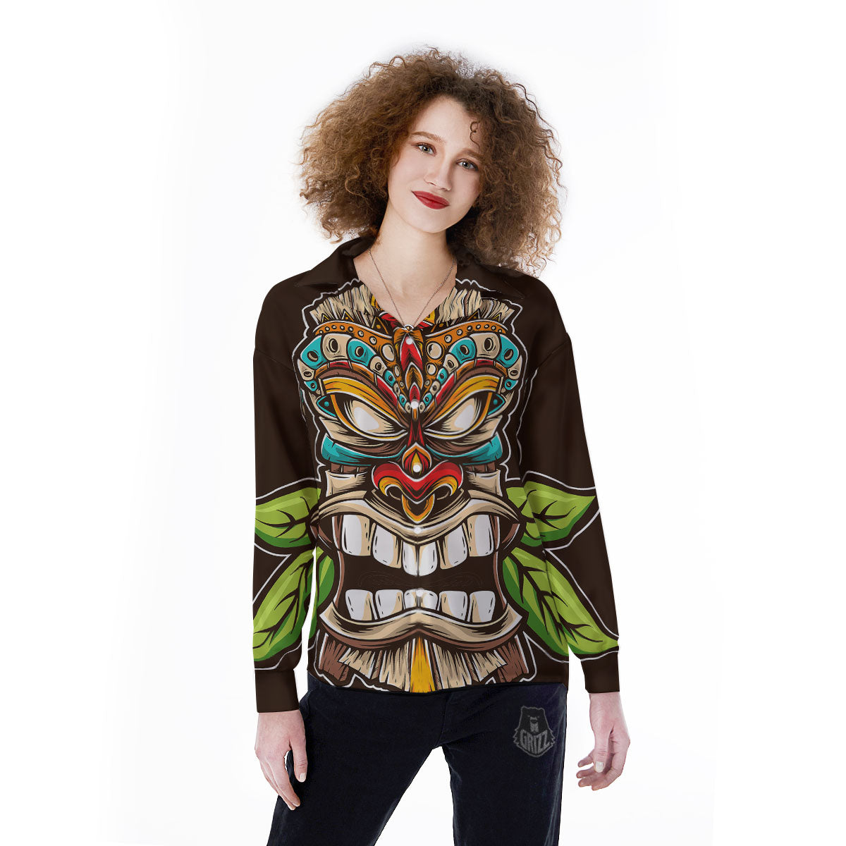 Tiki Hawaiian Print Women's Long Sleeve Shirts-grizzshop