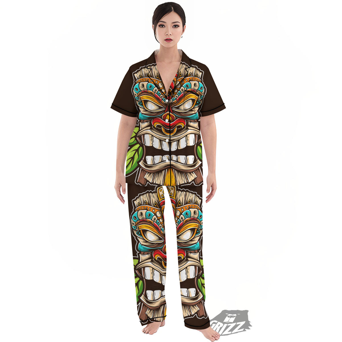 Tiki Hawaiian Print Women's Pajamas Set-grizzshop