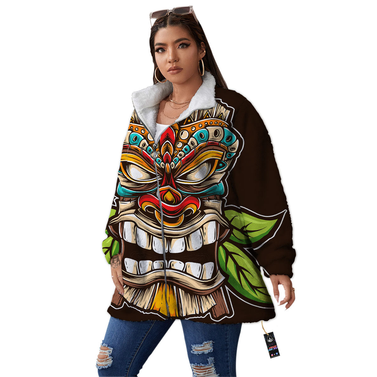 Tiki Hawaiian Print Women's Sherpa Jacket-grizzshop