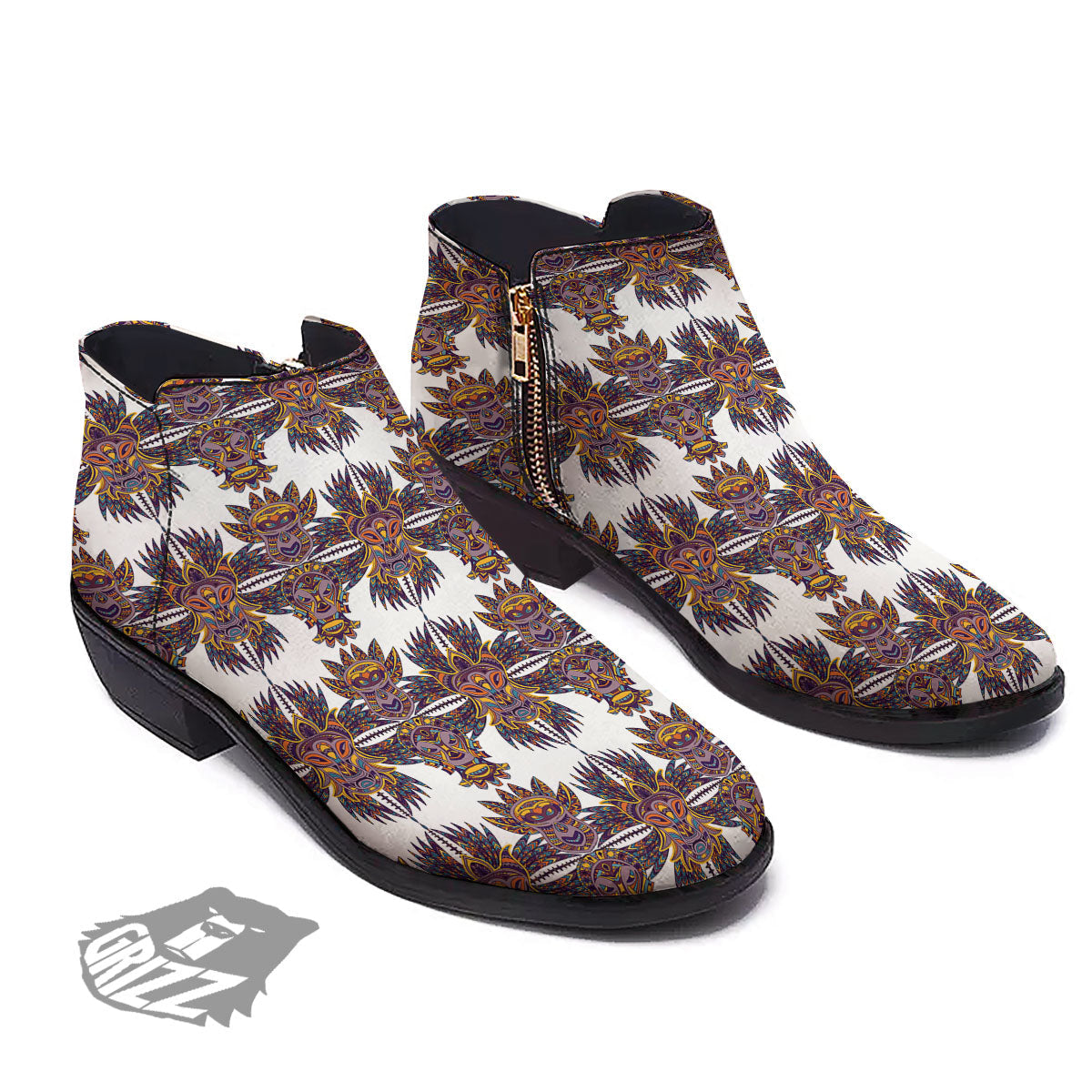 Tiki Mask Ornament Print Pattern Ankle Boots-grizzshop