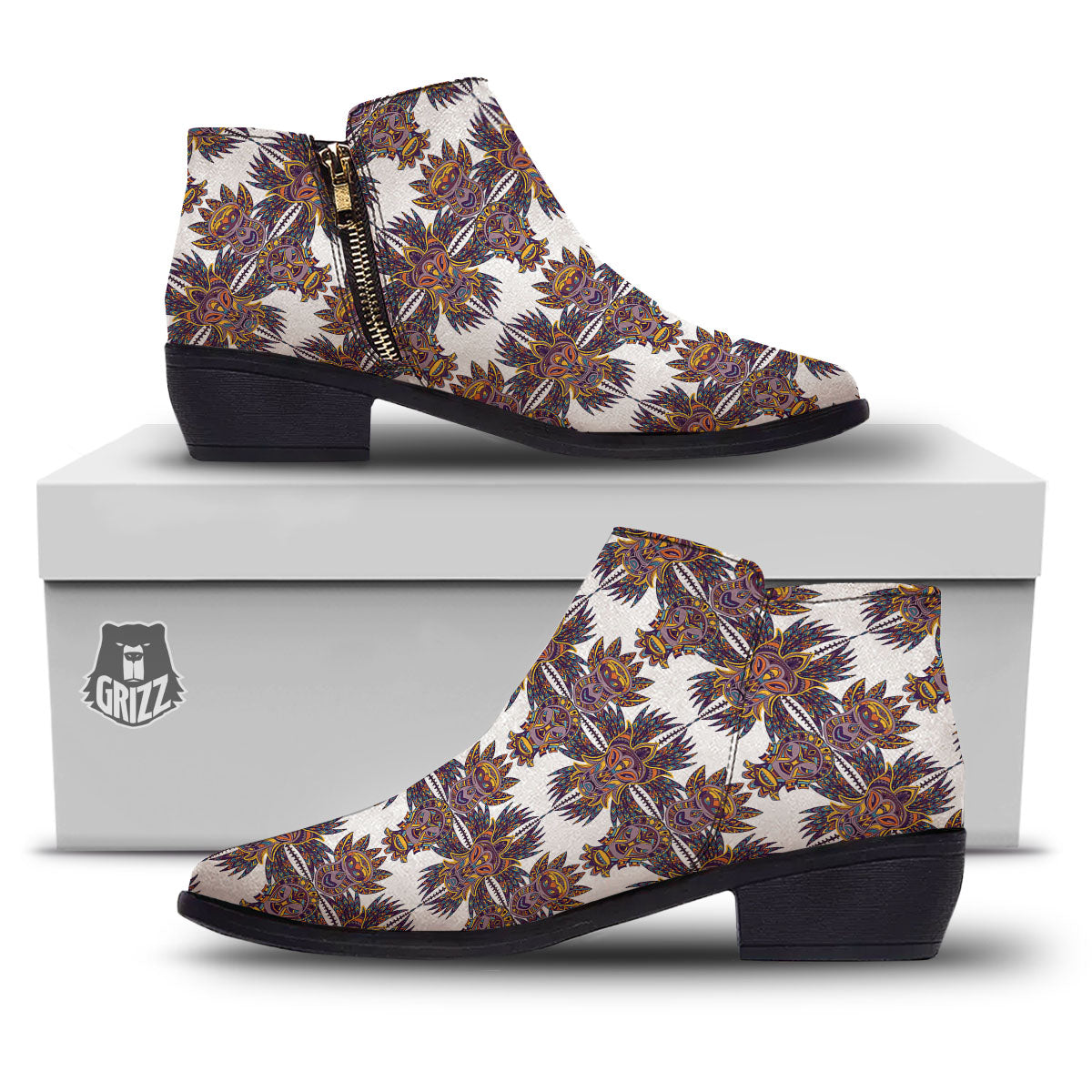 Tiki Mask Ornament Print Pattern Ankle Boots-grizzshop