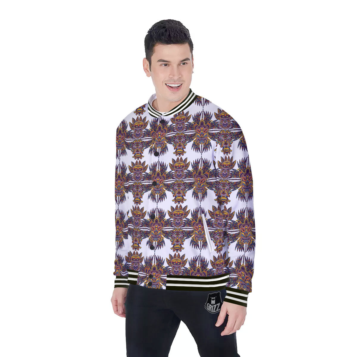 Tiki Mask Ornament Print Pattern Baseball Jacket-grizzshop