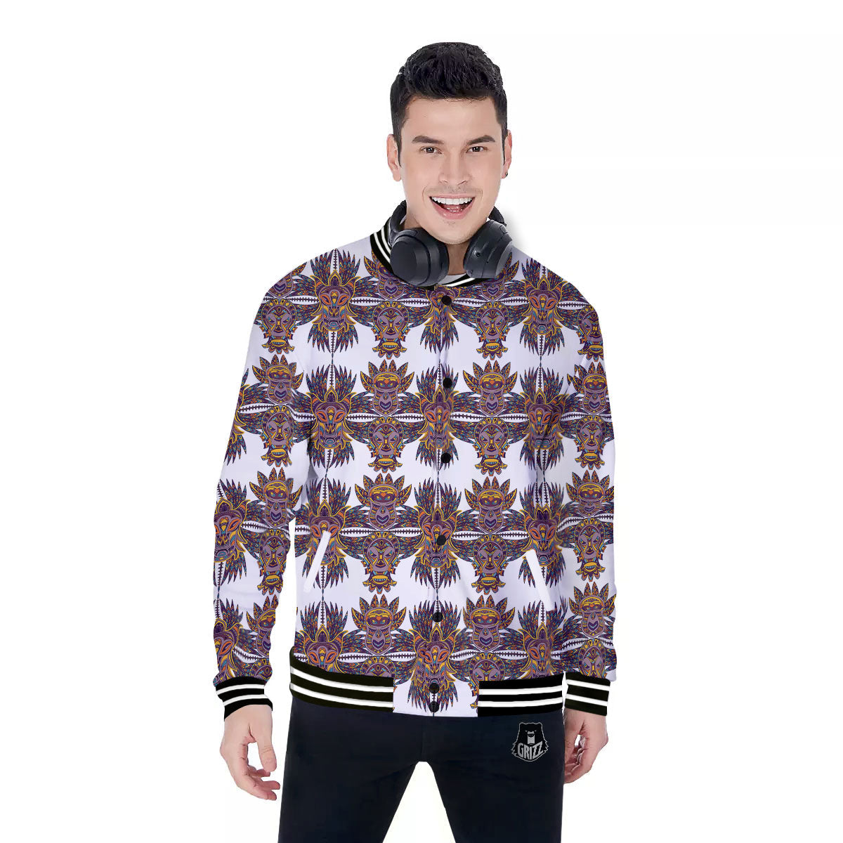Tiki Mask Ornament Print Pattern Baseball Jacket-grizzshop