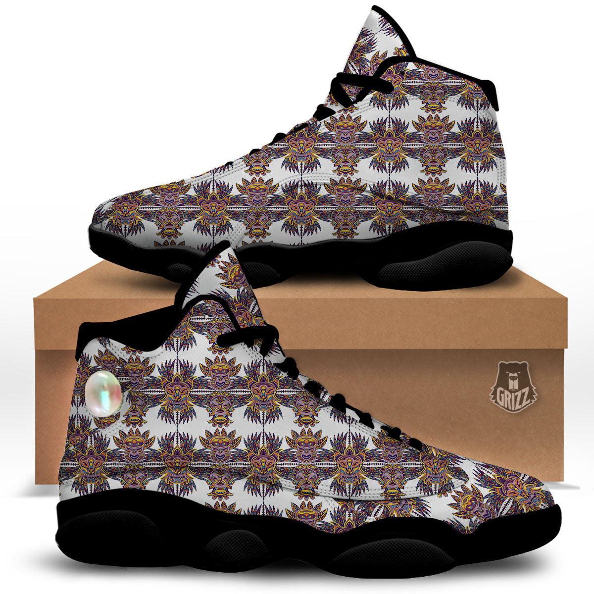 Tiki Mask Ornament Print Pattern Black Basketball Shoes-grizzshop