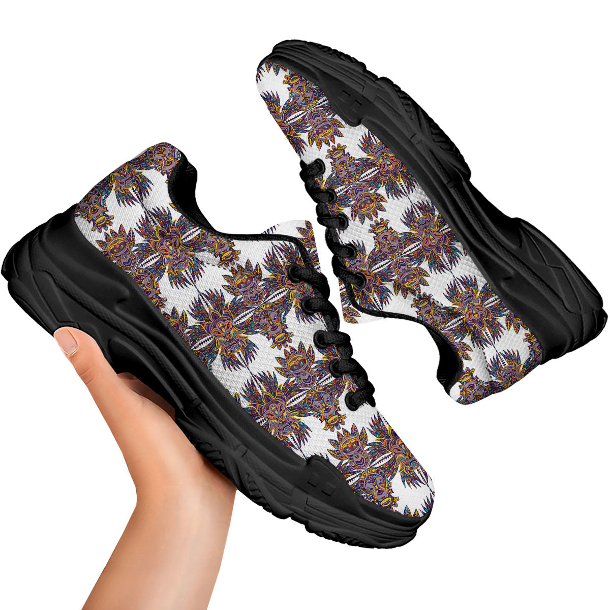 Tiki Mask Ornament Print Pattern Black Chunky Shoes-grizzshop