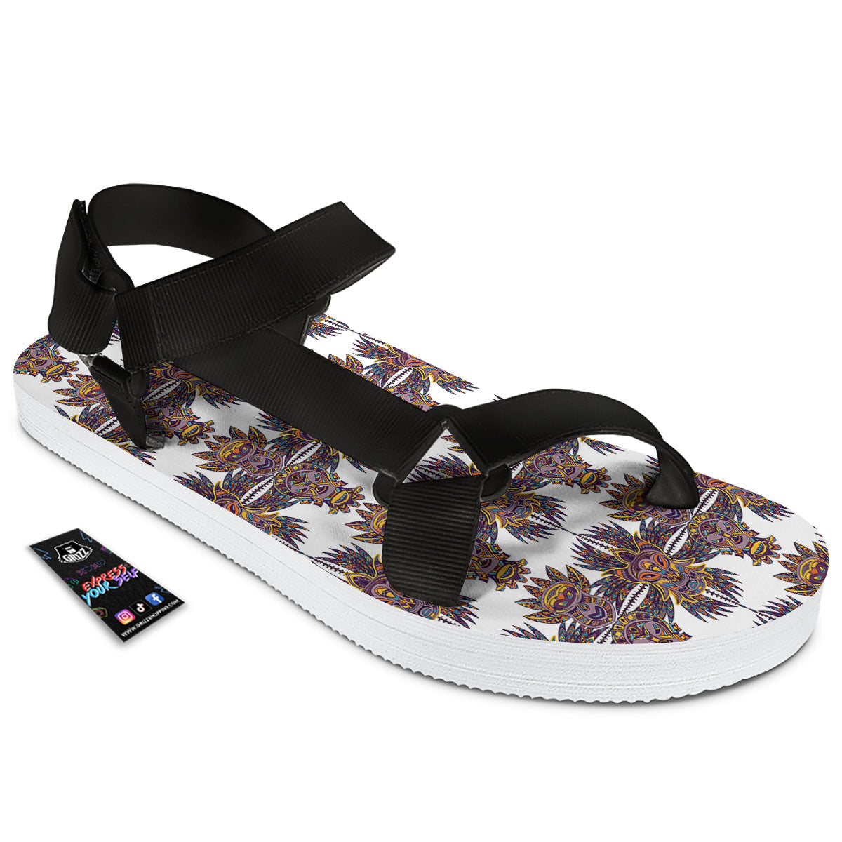Tiki Mask Ornament Print Pattern Black Open Toe Sandals-grizzshop