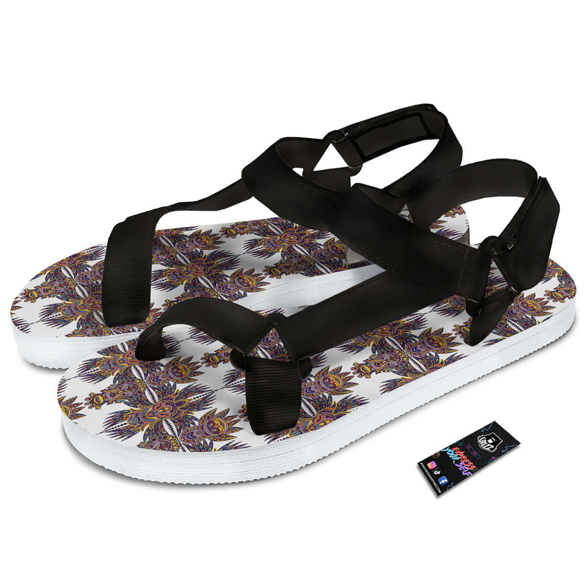 Tiki Mask Ornament Print Pattern Black Open Toe Sandals-grizzshop