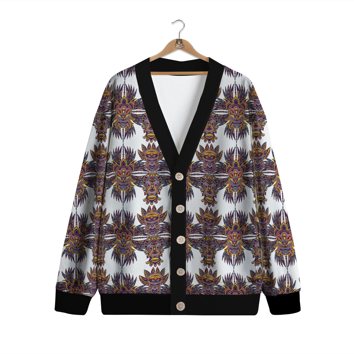 Tiki Mask Ornament Print Pattern Cardigan-grizzshop