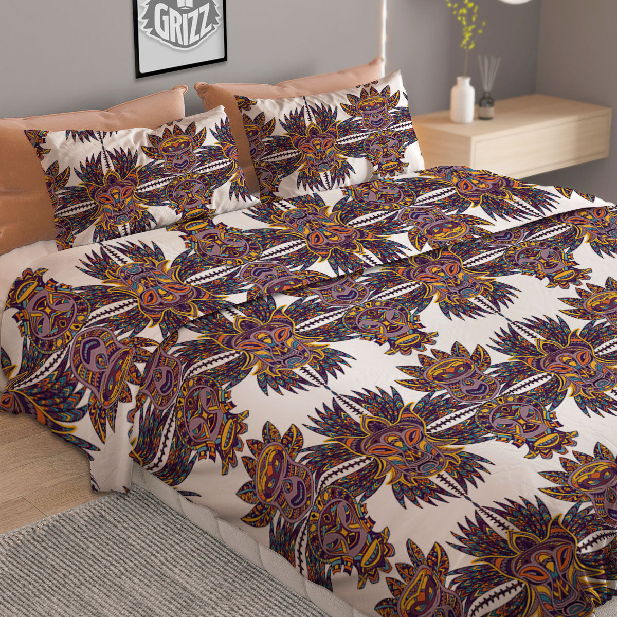 Tiki Mask Ornament Print Pattern Duvet Cover Bedding Set