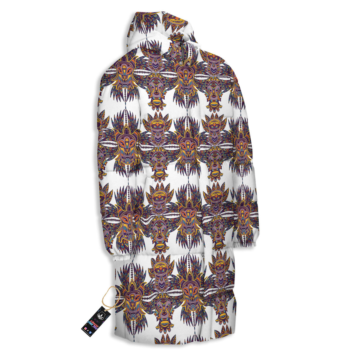 Tiki Mask Ornament Print Pattern Long Down Jacket-grizzshop