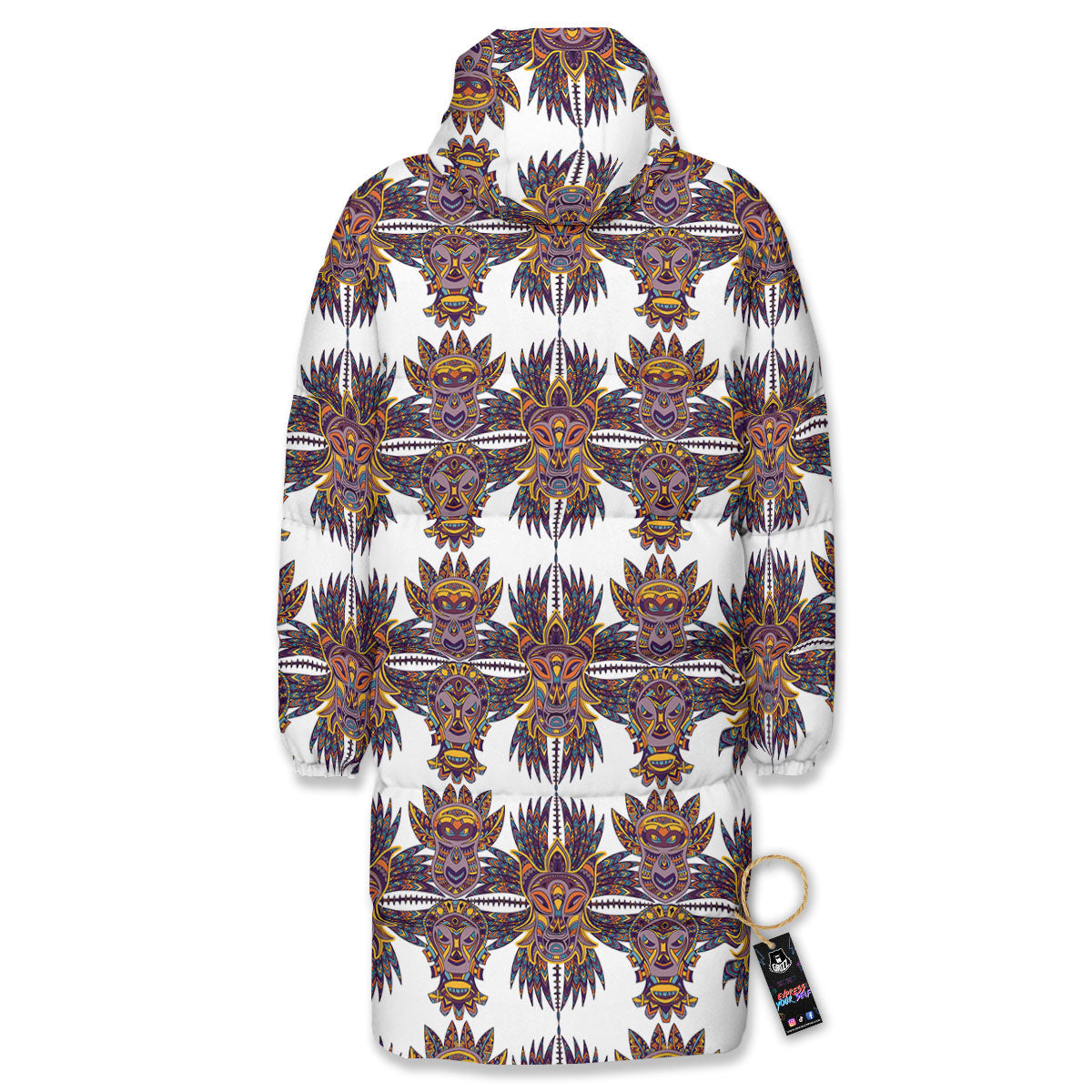 Tiki Mask Ornament Print Pattern Long Down Jacket-grizzshop