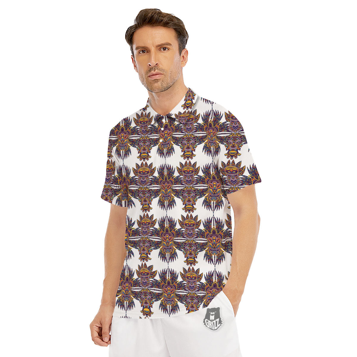 Tiki Mask Ornament Print Pattern Men's Golf Shirts-grizzshop