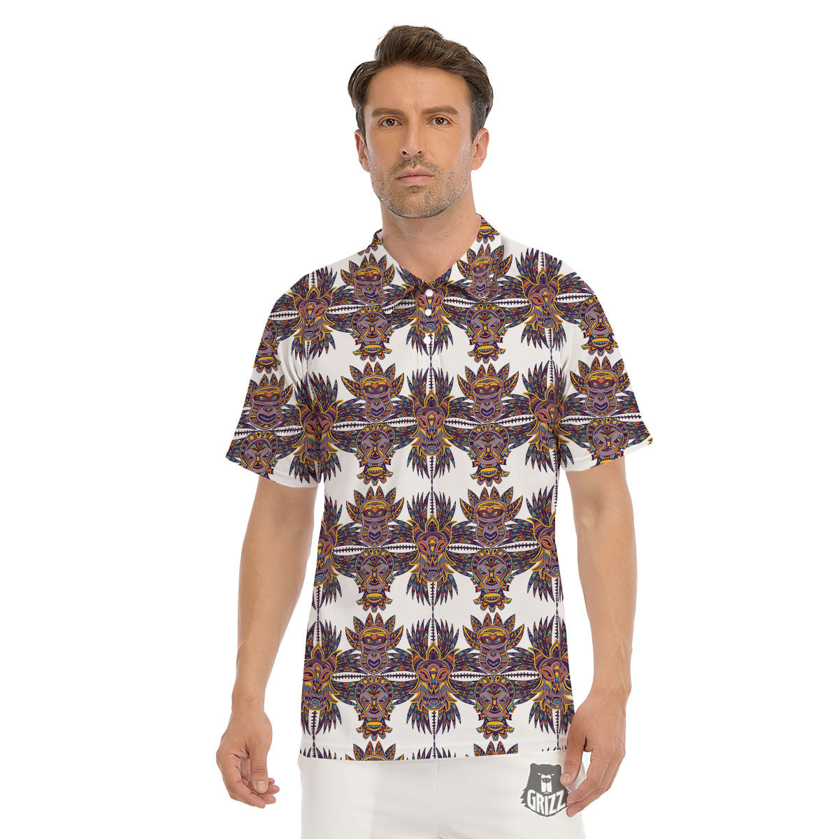 Tiki Mask Ornament Print Pattern Men's Golf Shirts-grizzshop