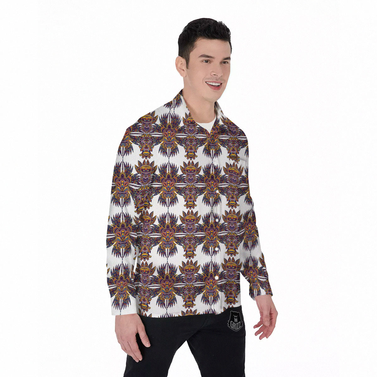 Tiki Mask Ornament Print Pattern Men's Long Sleeve Shirts-grizzshop