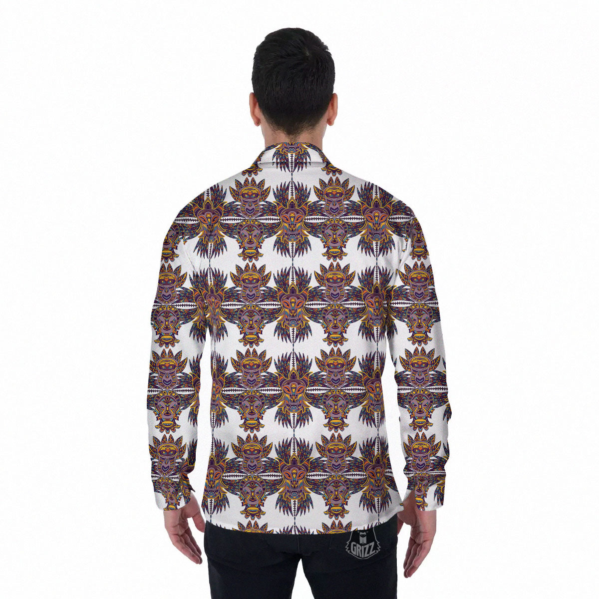 Tiki Mask Ornament Print Pattern Men's Long Sleeve Shirts-grizzshop